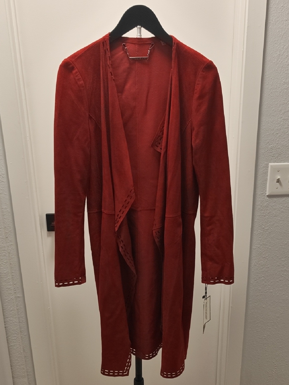 Bagatelle Red Open-Front Suede Trench Coat